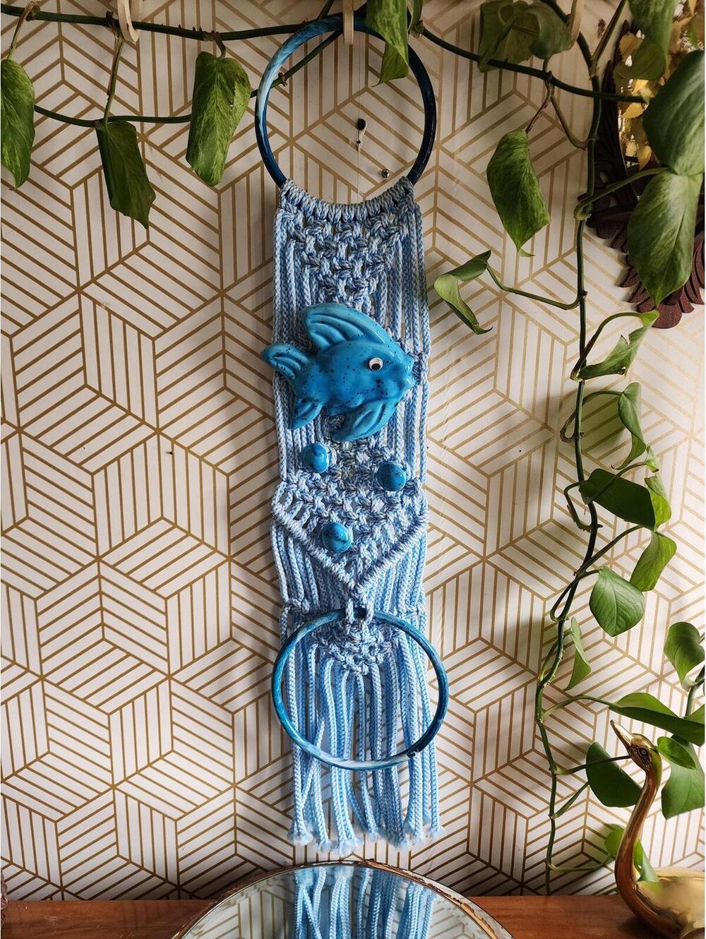 Vintage Atomic Retro Blue Macrame Hanging Towel Ring with Ceramic Blue Fish
